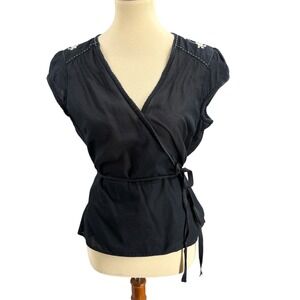 GAP Black Embroidered Wrap Short Sleeve Top Blouse Floral Boho Lightweight Large